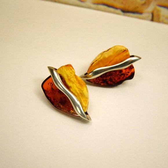 Big Amber & 925 Silver Omega Earrings - Made In Poland Rare Jewelry Her Gift - Picture 2 of 16